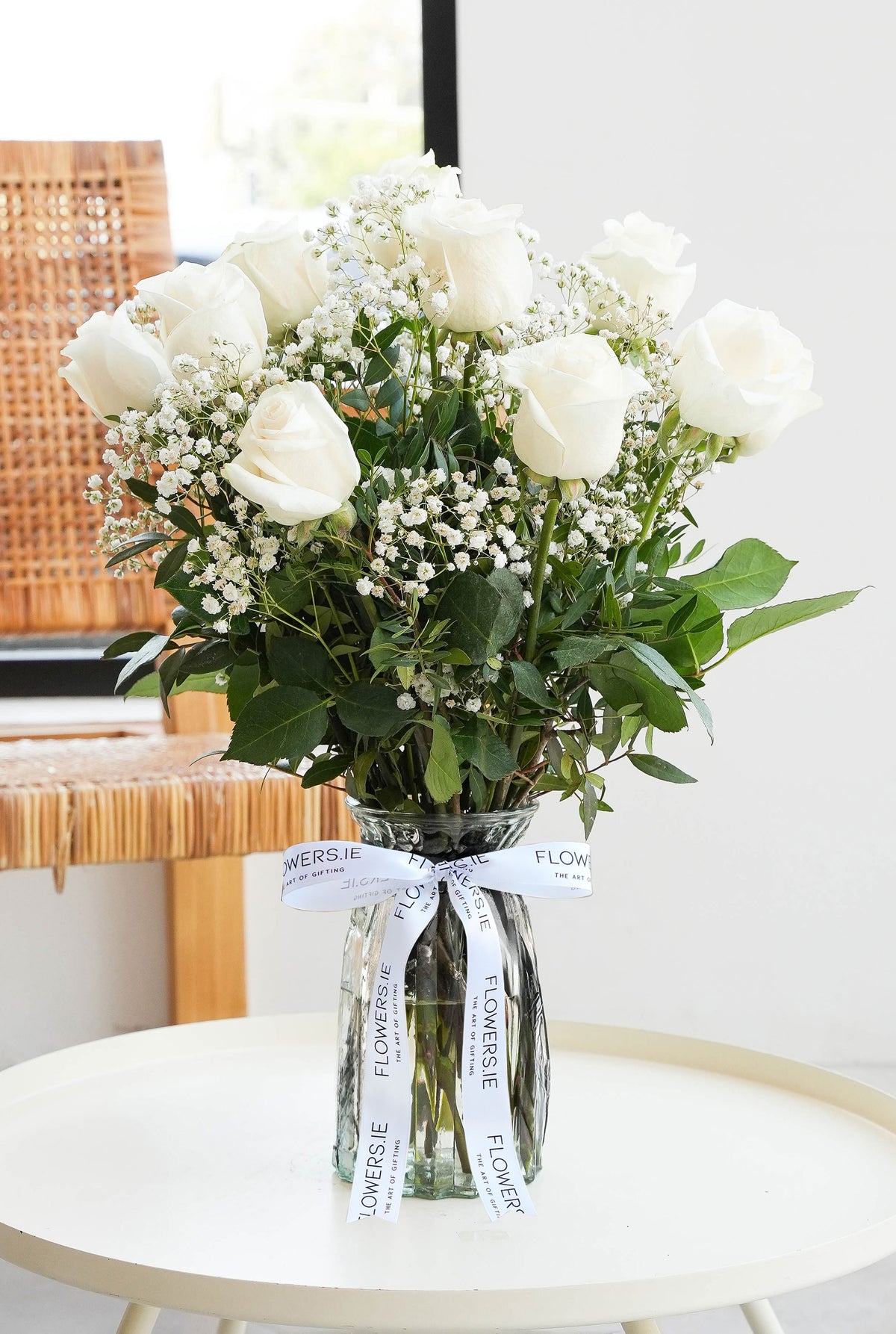 12 Long Stem White Roses - vase