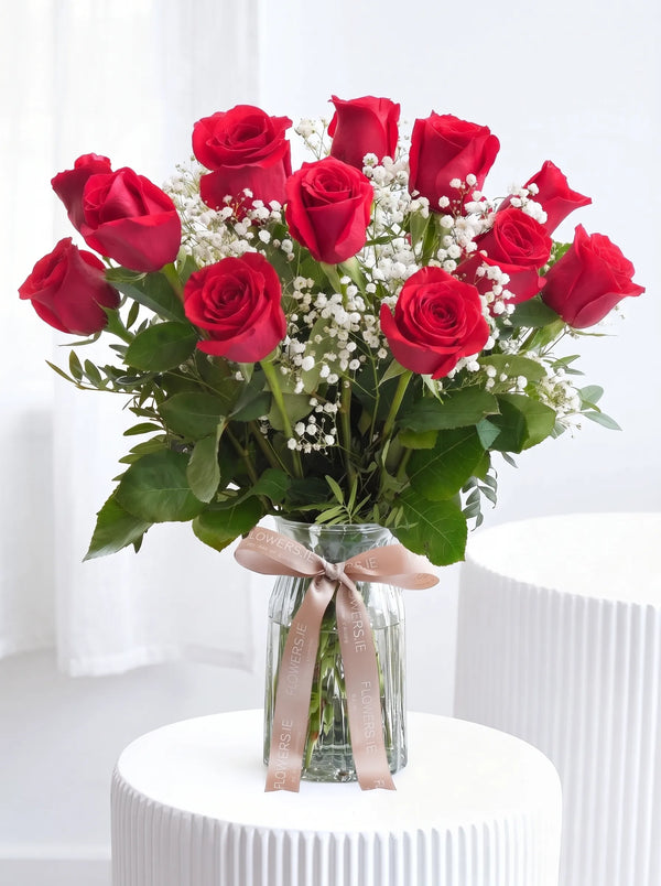 12 Long Stem Red Roses - Vase