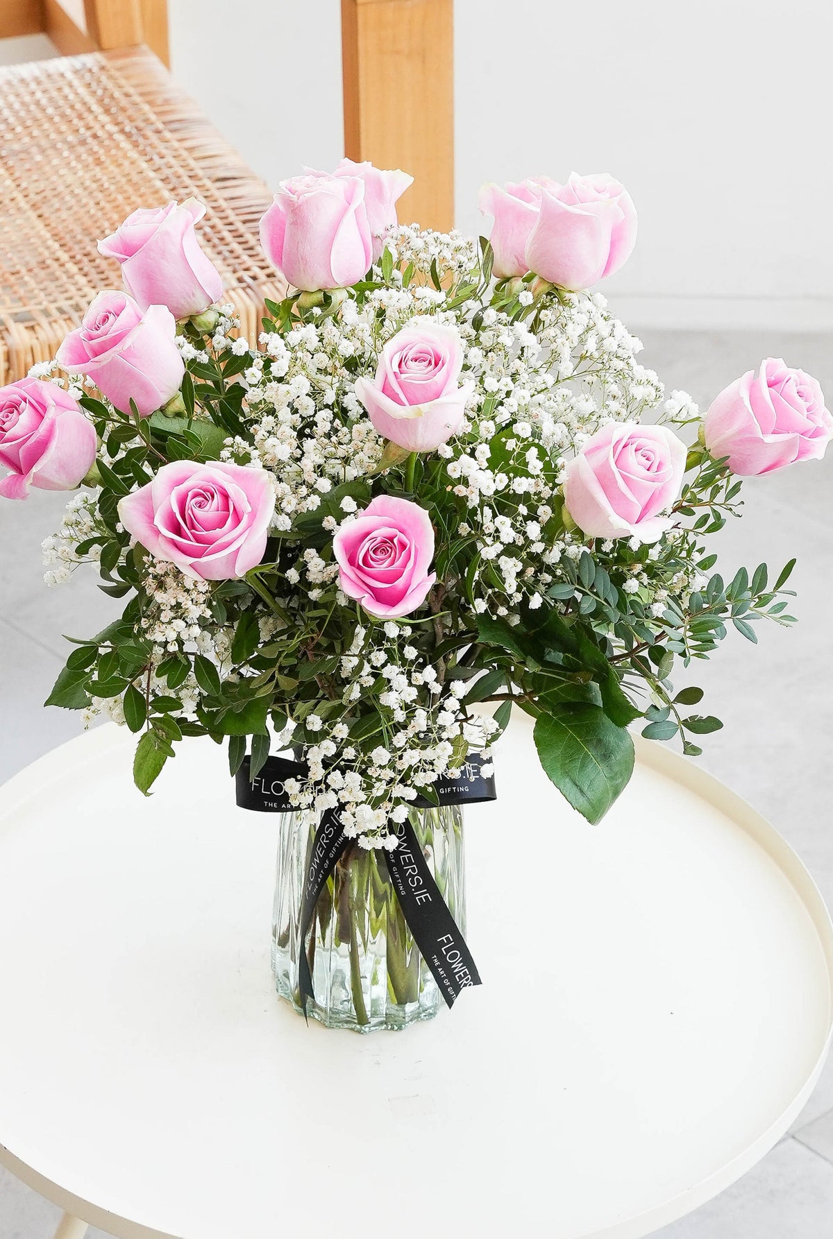 Baby Girl 12 Long Stem Pink Roses - Vase