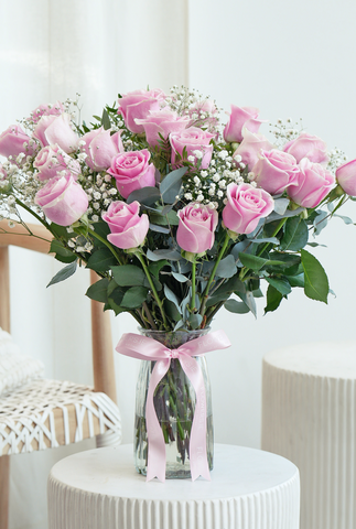 Valentine 24 Pretty Pink Roses - Vase