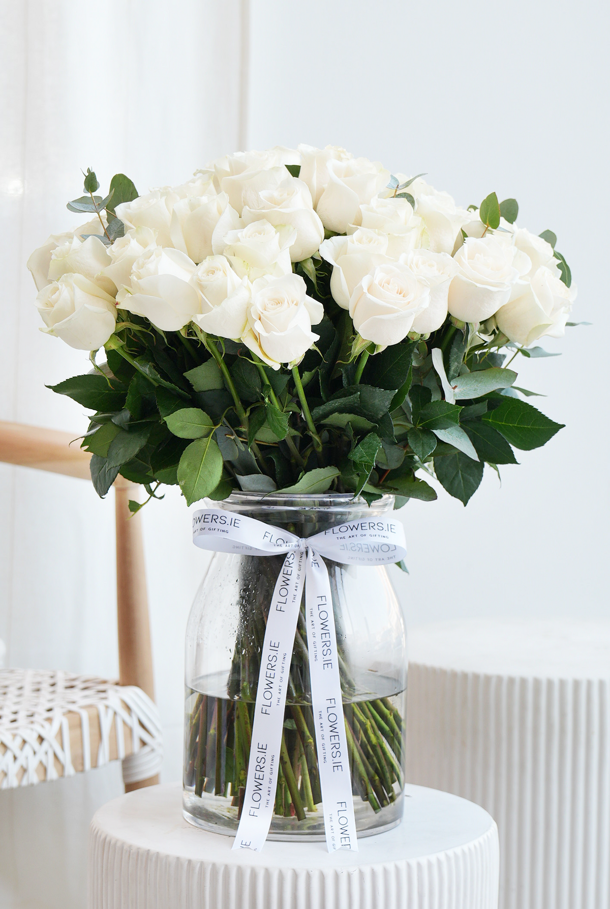 50 Long Stem White Roses - Vase