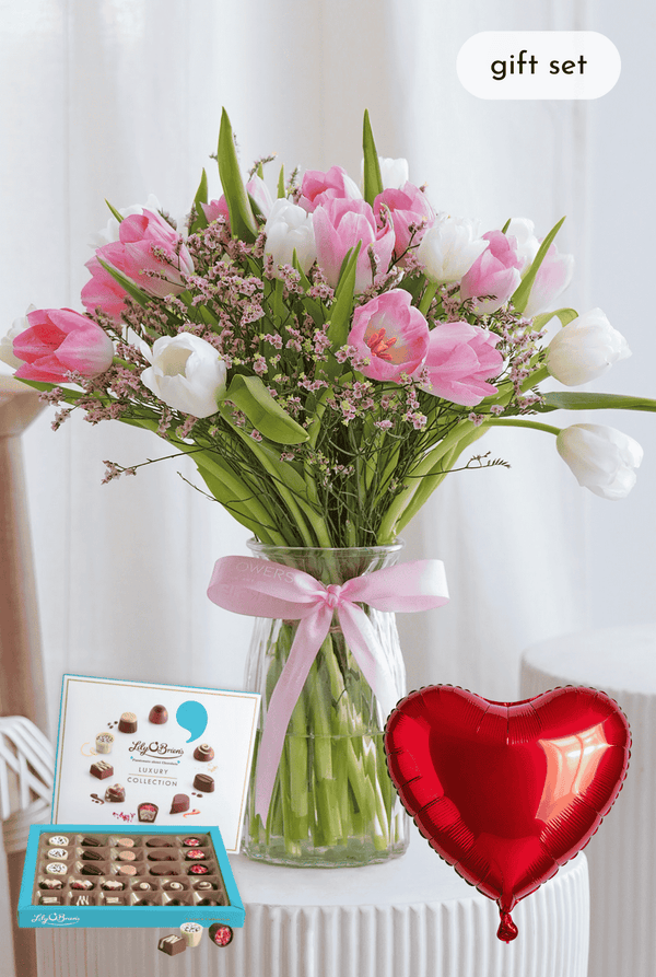 Valentine Pink and White Tulips - Vase with Luxury Chocolates and ...