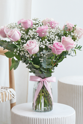 Women's Day 12 Pretty Pink Roses - Vase