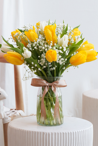 Luxury White & Yellow Tulips - Vase