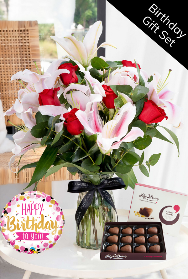 Birthday Red Roses and Pink Lily Vase Gift Set Flowers.ie