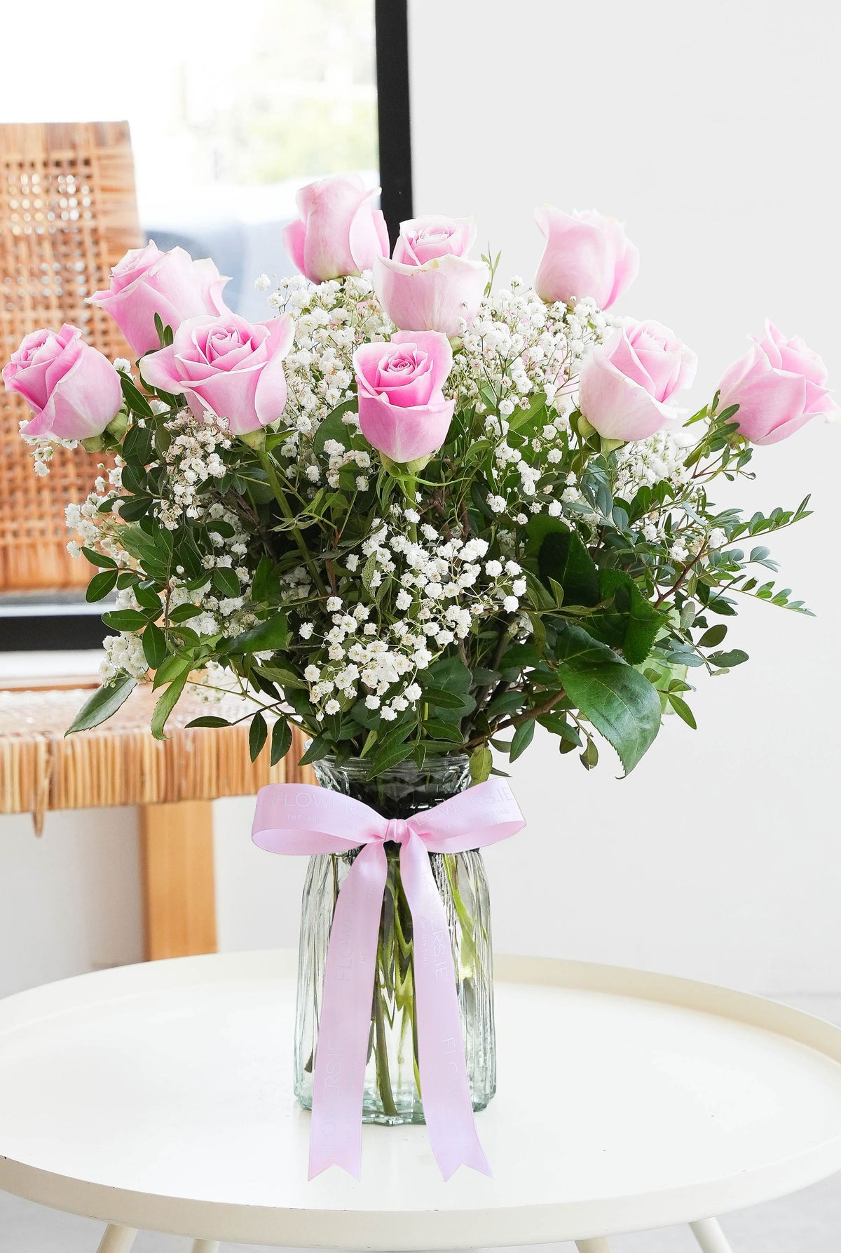 12 Long Stem Pink Roses - Vase