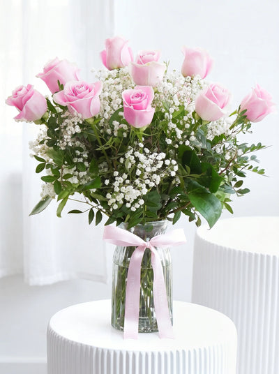 12 Long Stem Pink Roses - Vase