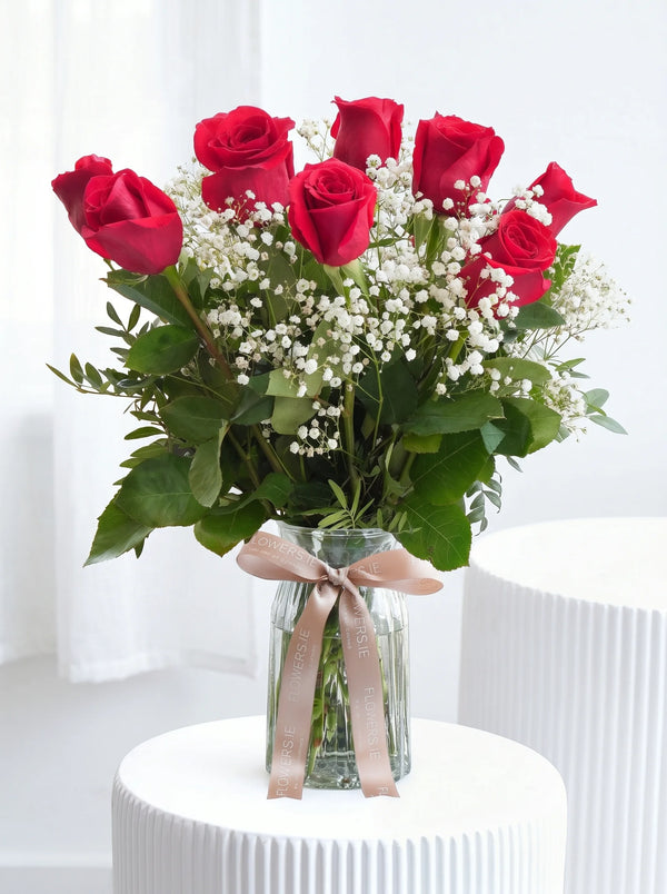 12 Long Stem Red Roses - Vase
