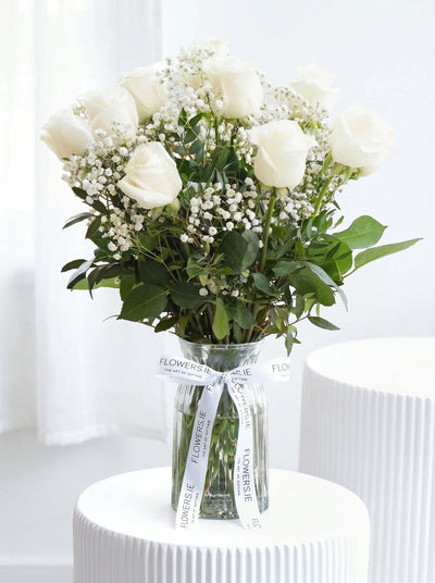 12 Long Stem White Roses - Vase