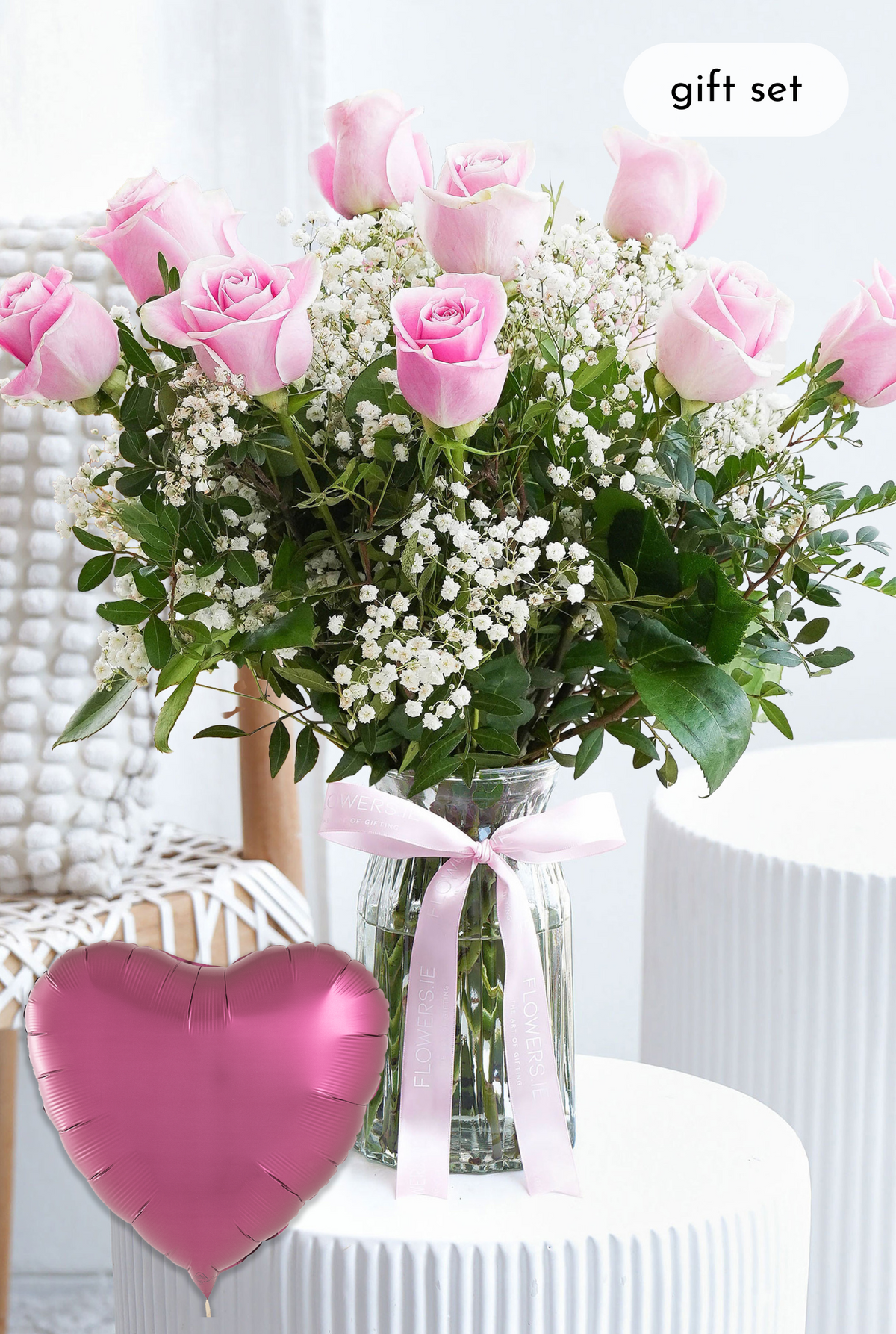 Birthday 12 Long Stem Pink Roses - Vase