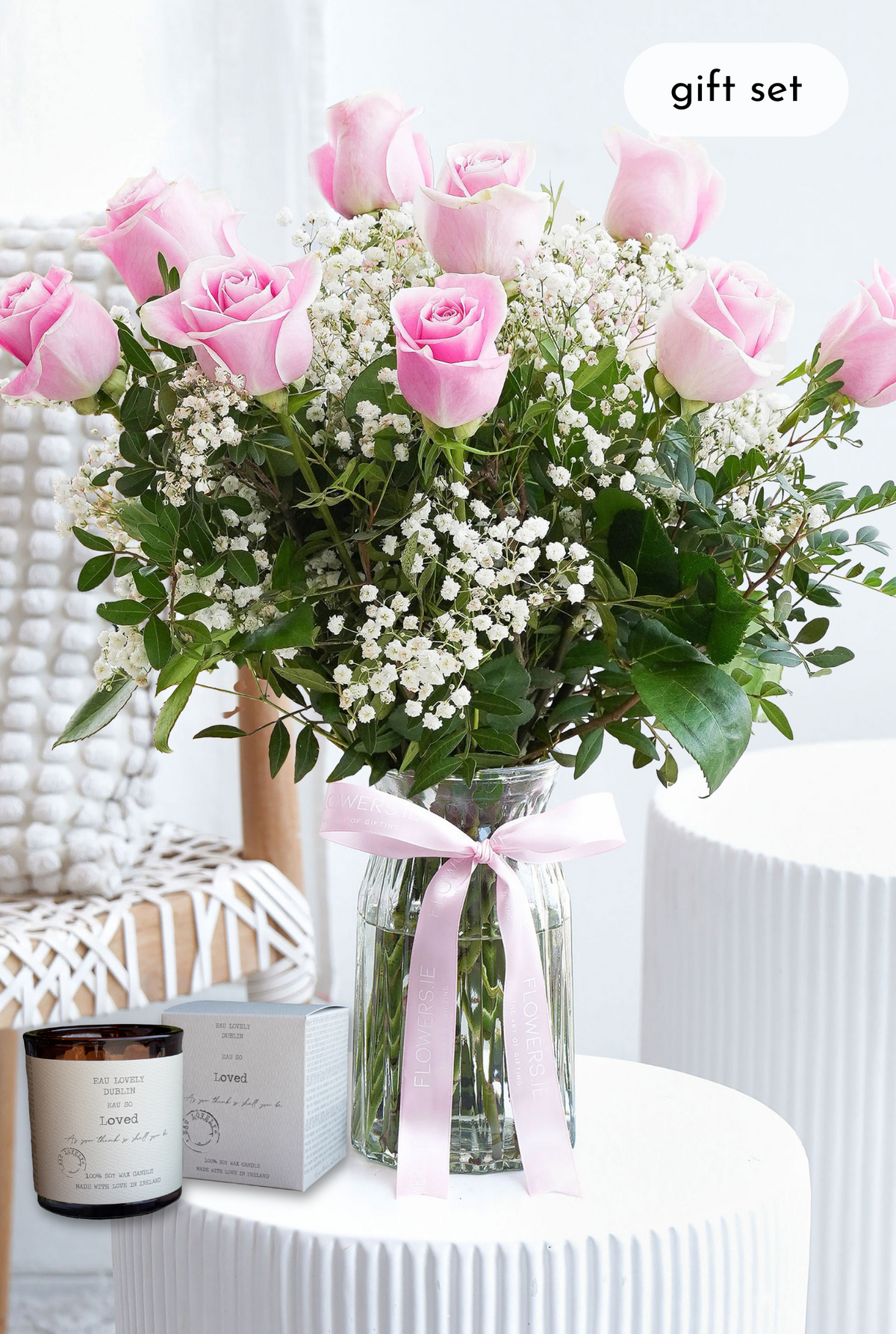 Birthday 12 Long Stem Pink Roses - Vase