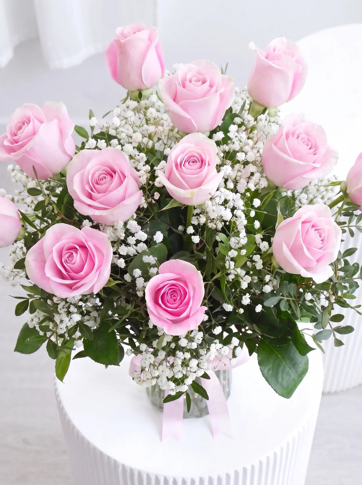 New Baby Girl 12 Long Stem Pink Roses - Vase
