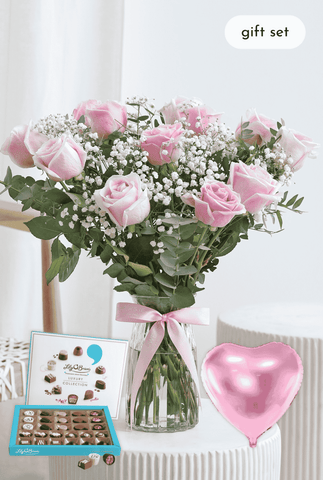 Valentine 12 Pretty Pink Roses - Vase