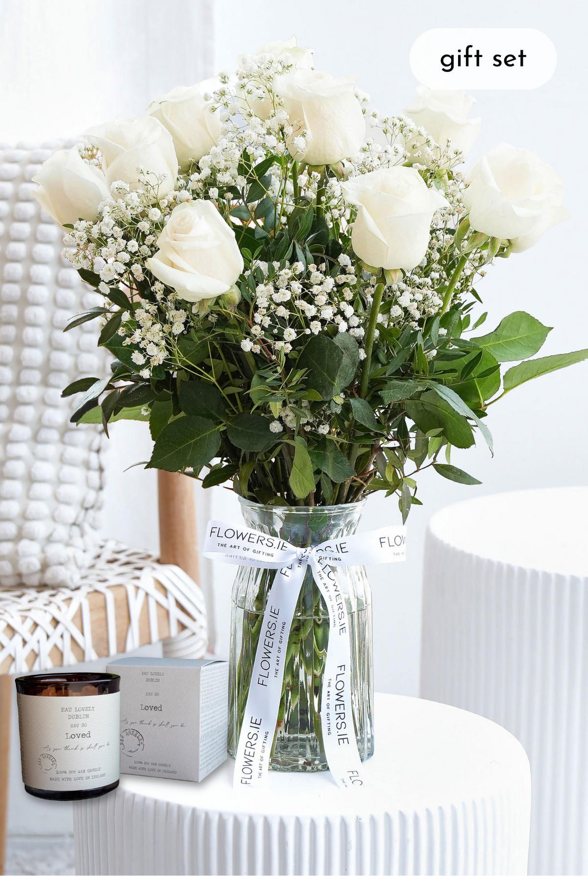 12 Long Stem White Roses - vase