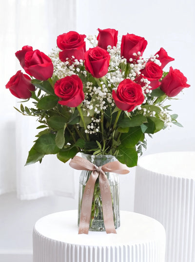 Birthday 12 Long Stem Red Roses - Vase