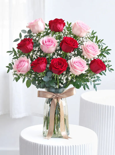 12 Luxury Red and Pink Roses - Vase