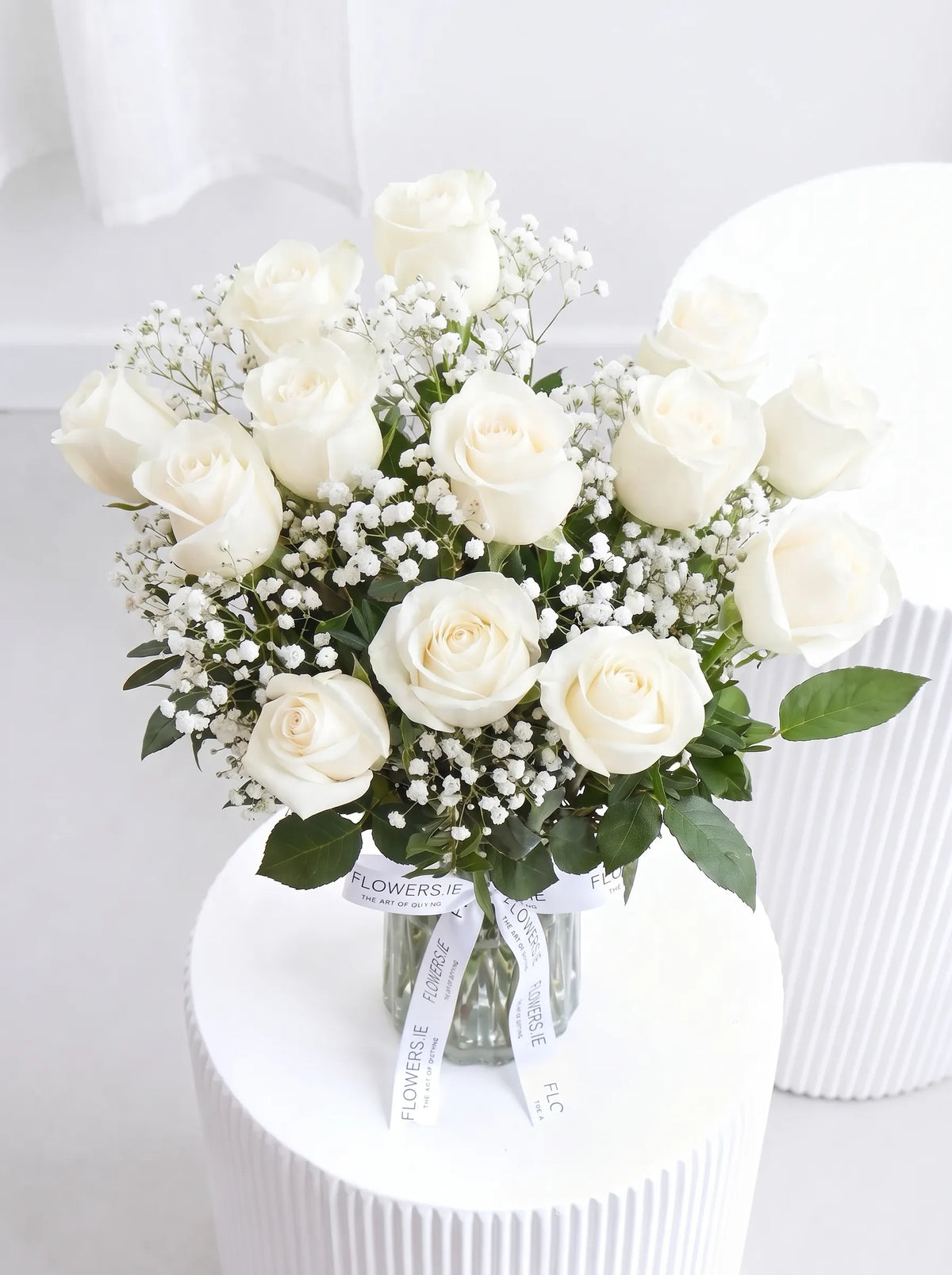 New Baby Girl 12 Long Stem White Roses - Vase