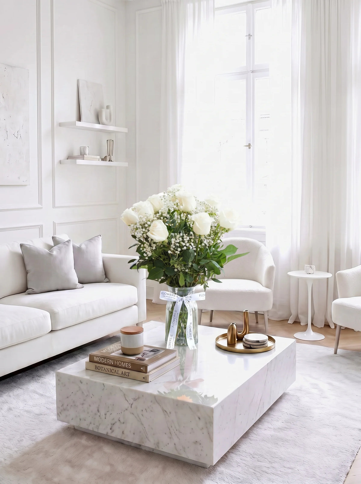 12 Long Stem White Roses - Vase