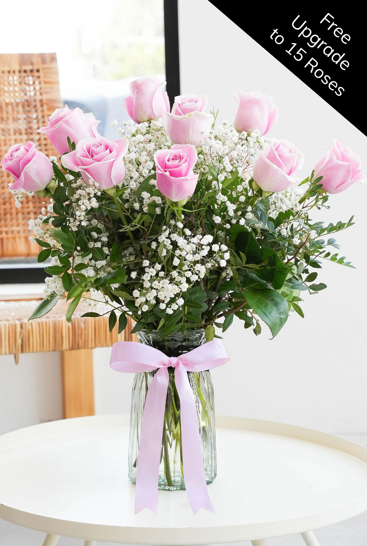 Women&#39;s Day 12 Long Stem Pink Roses - Vase (Free Upgrade to 15 Roses)