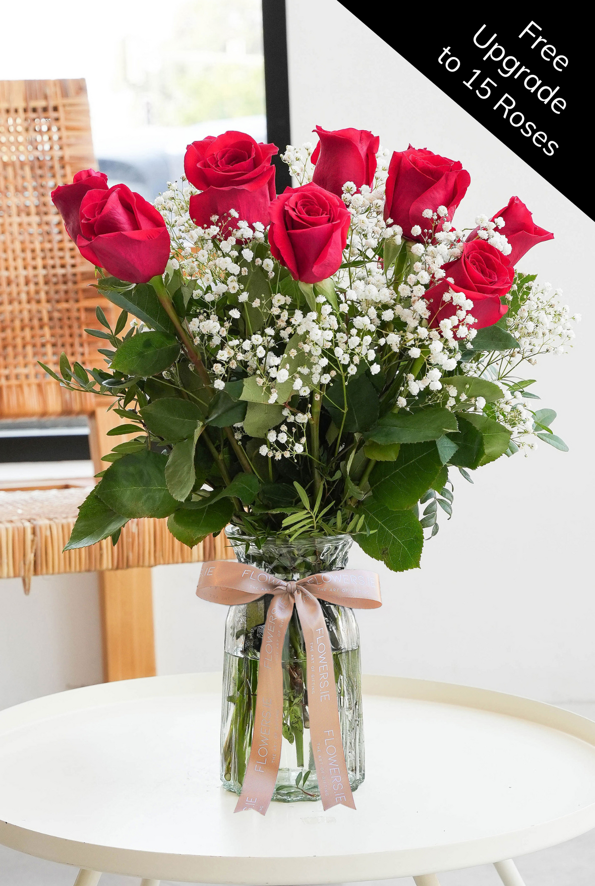 Women&#39;s Day 12 Long Stem Red Roses - Vase (Free Upgrade to 15 Roses)