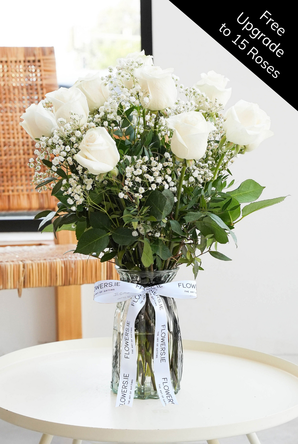 Women&#39;s Day 12 Long Stem White Roses - Vase (Free Upgrade to 15 Roses)