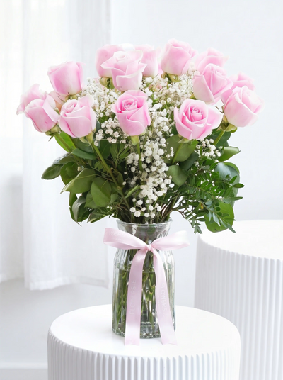 18 Long Stem Pink Roses - Vase