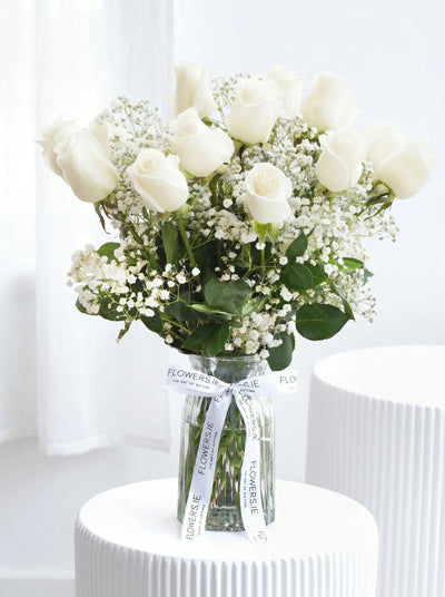 18 Long Stem White Roses - Vase