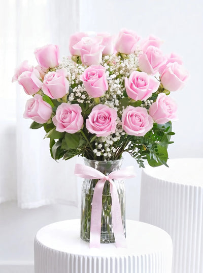18 Long Stem Pink Roses - Vase