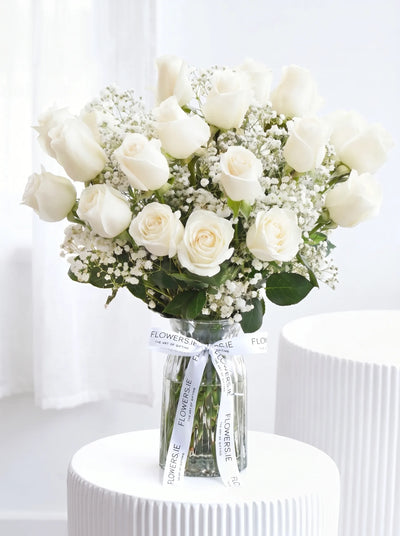 18 Long Stem White Roses - Vase