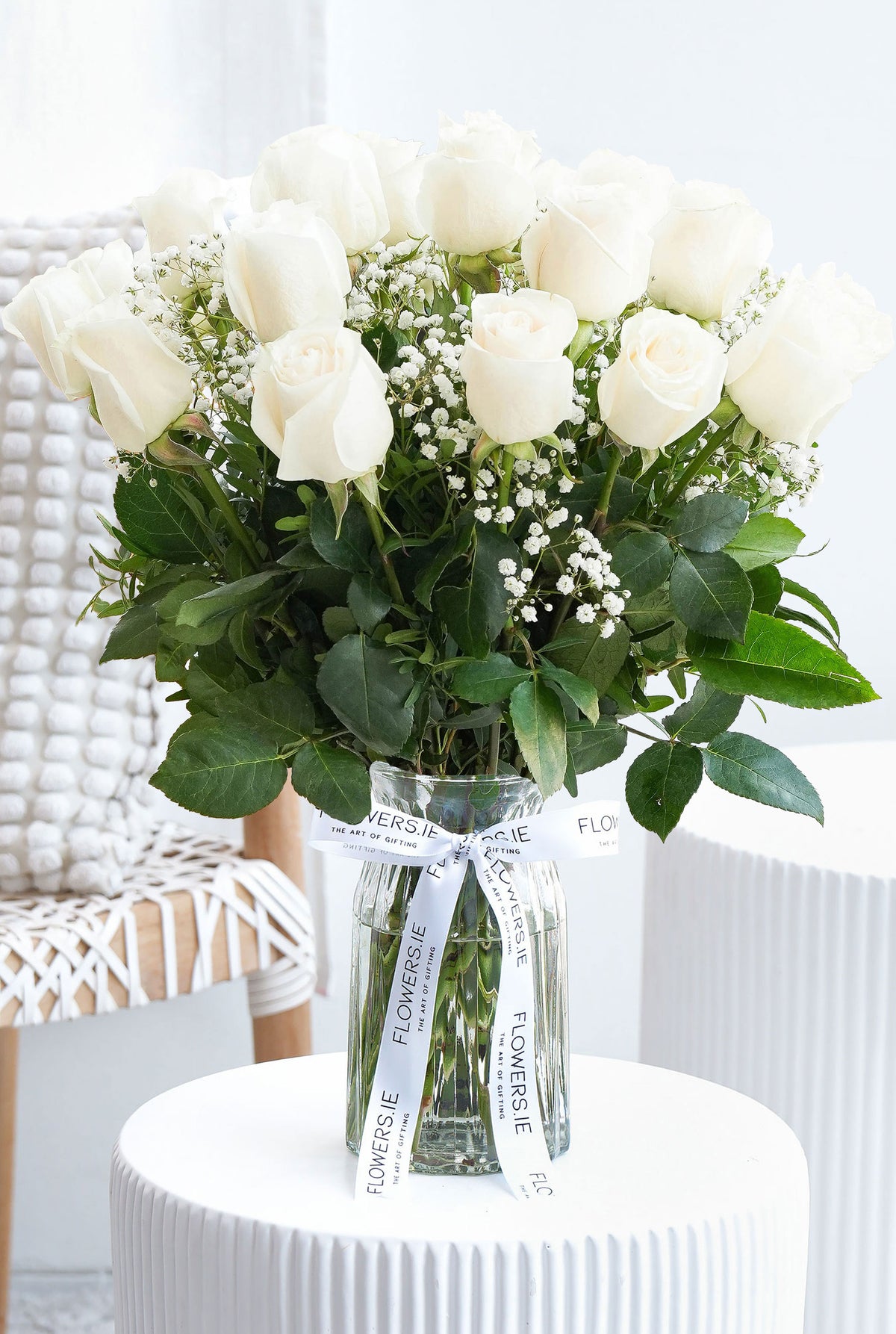 24 Long Stem White Roses - Vase