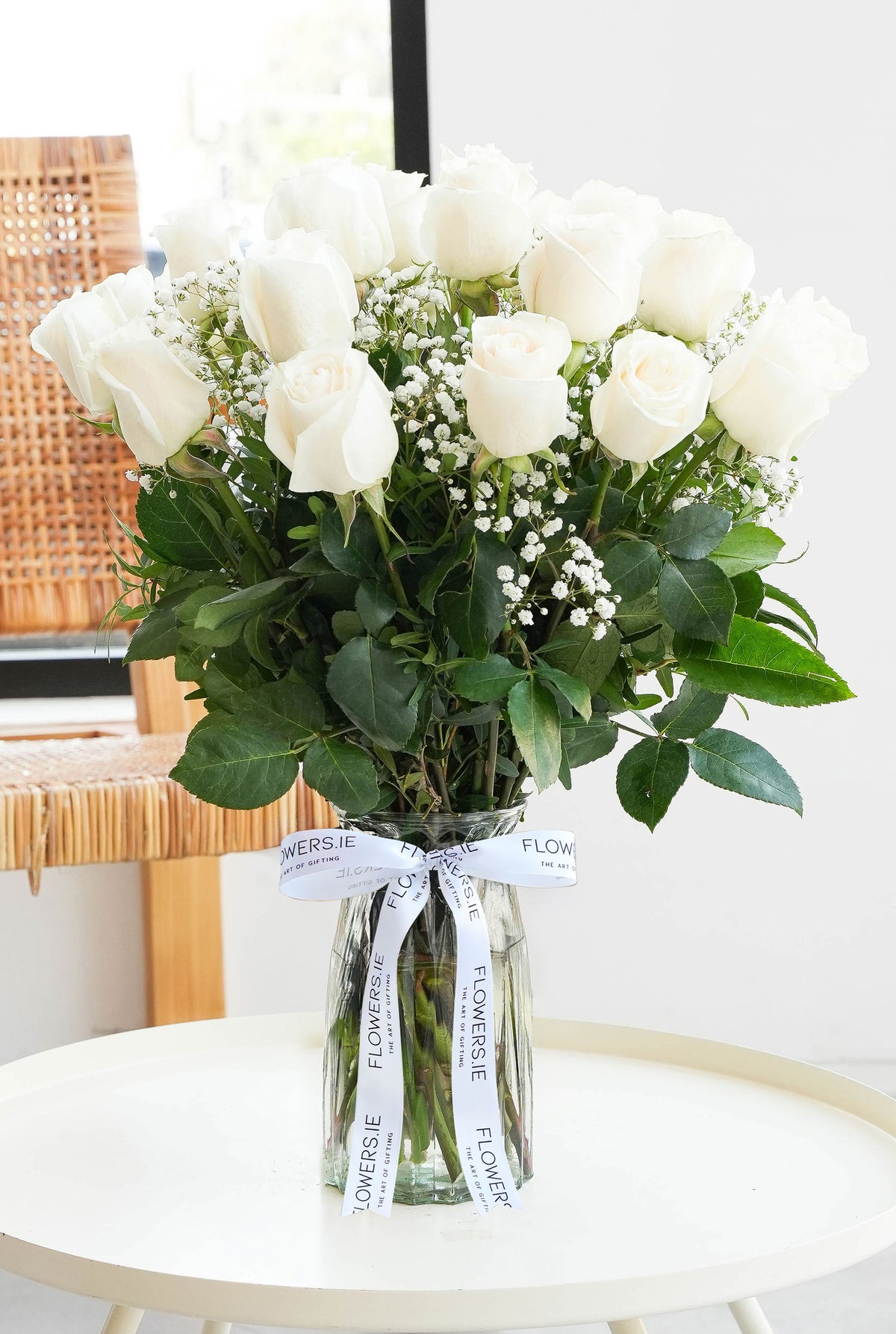 24 Long Stem White Roses - Vase