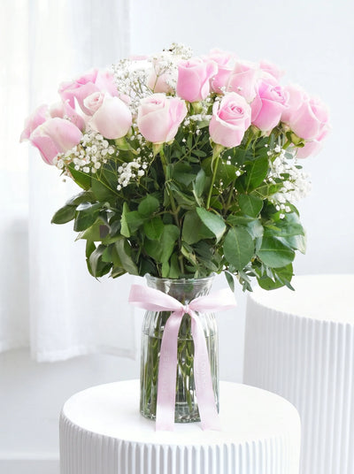 24 Long Stem Pink Roses - Vase