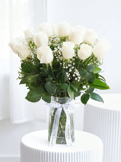 24 Long Stem White Roses - Vase