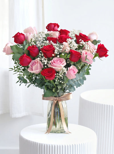 24 Luxury Red and Pink Roses - Vase