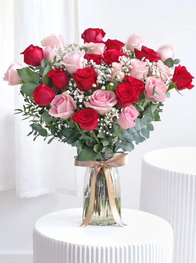 24 Luxury Red and Pink Roses - Vase