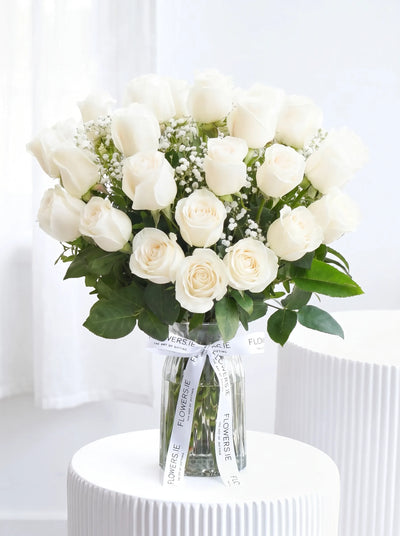 24 Long Stem White Roses - Vase