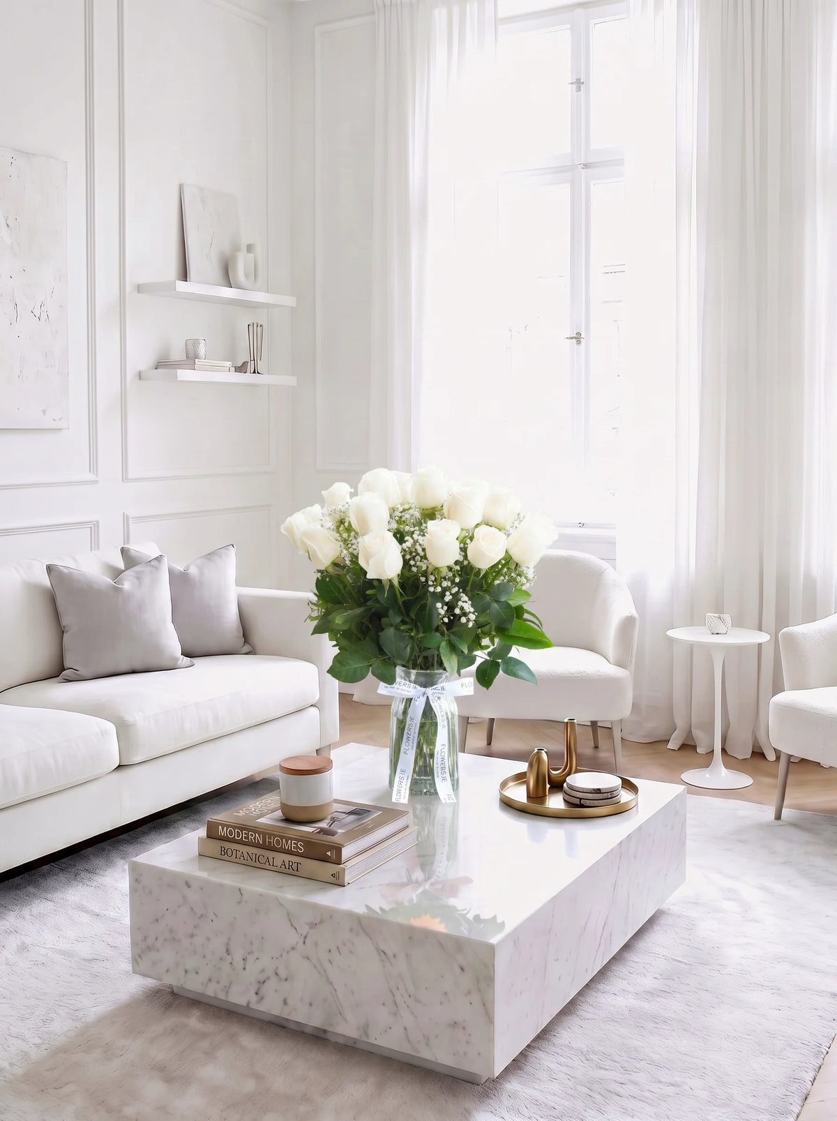 24 Long Stem White Roses - Vase