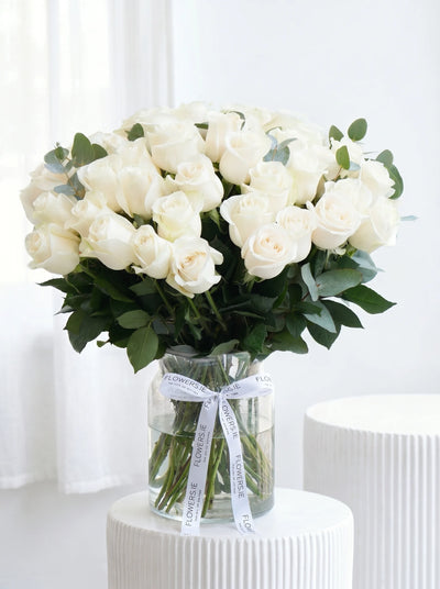 50 Long Stem White Roses - Vase