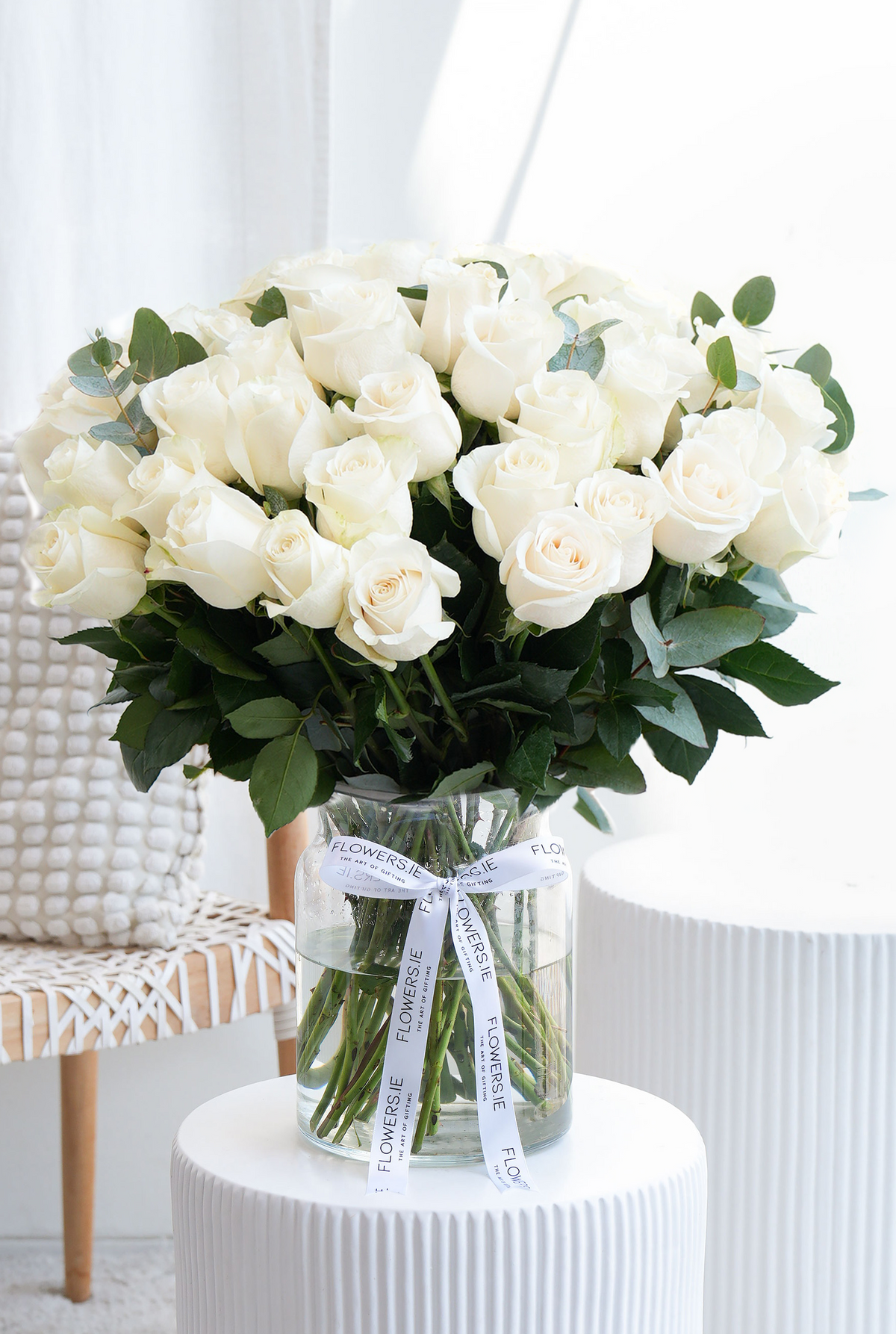 50 Long Stem White Roses - Vase