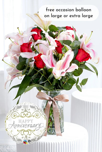 Anniversary Red Roses and Pink Lily - Vase