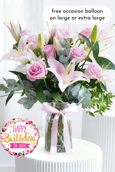 Birthday Pink Roses and Pink Lily - Vase