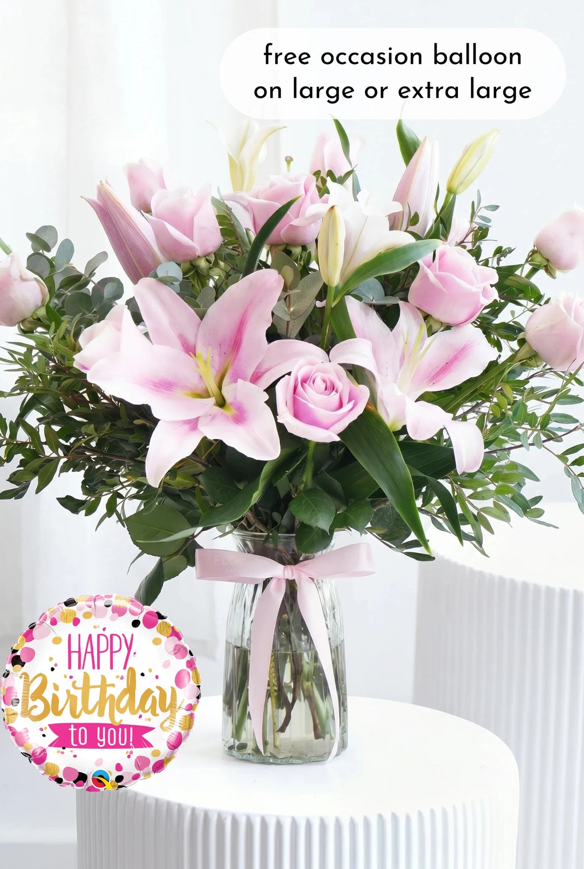 Birthday Pink Roses and Pink Lily - Vase