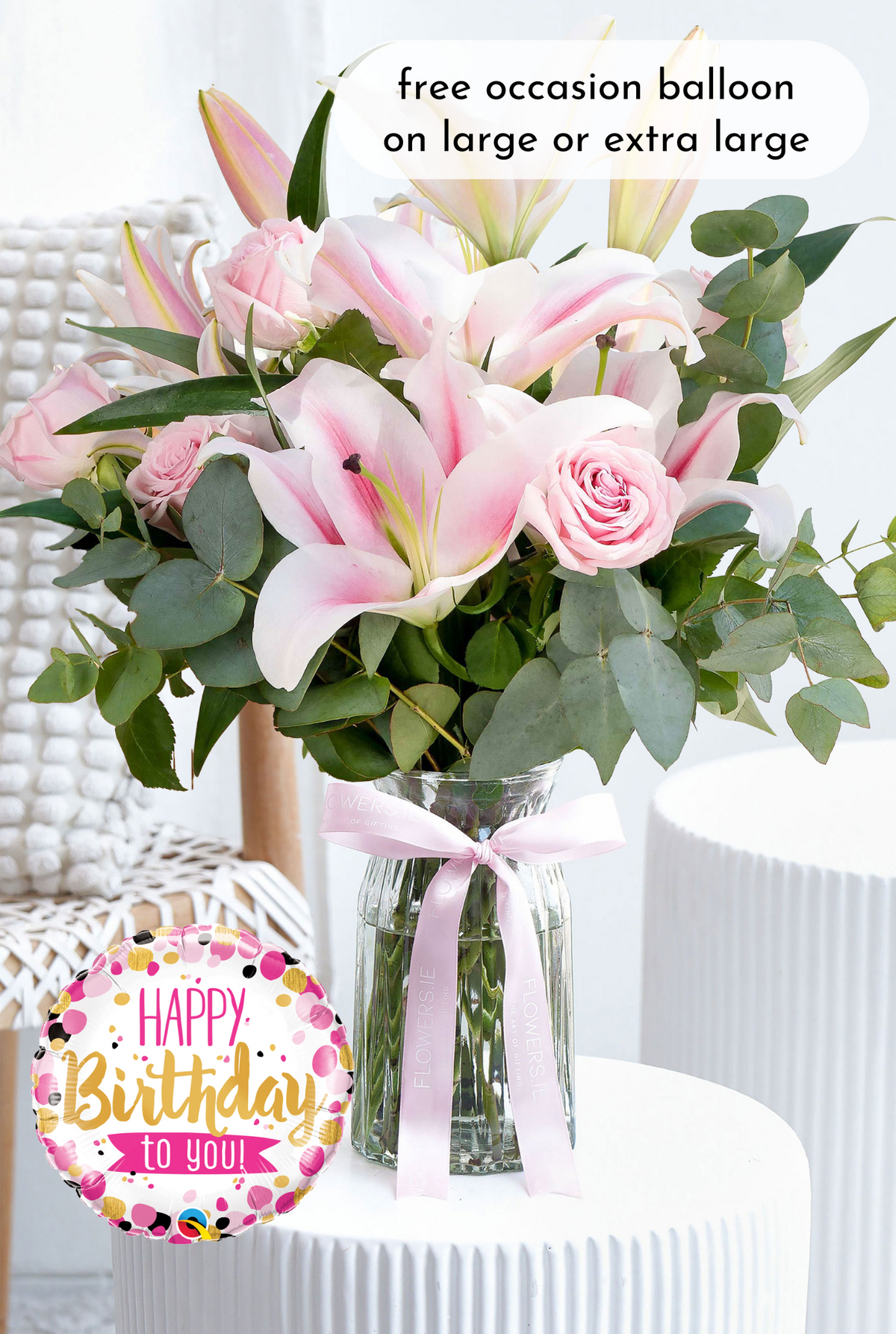 Birthday Pink Roses and Pink Lily - Vase