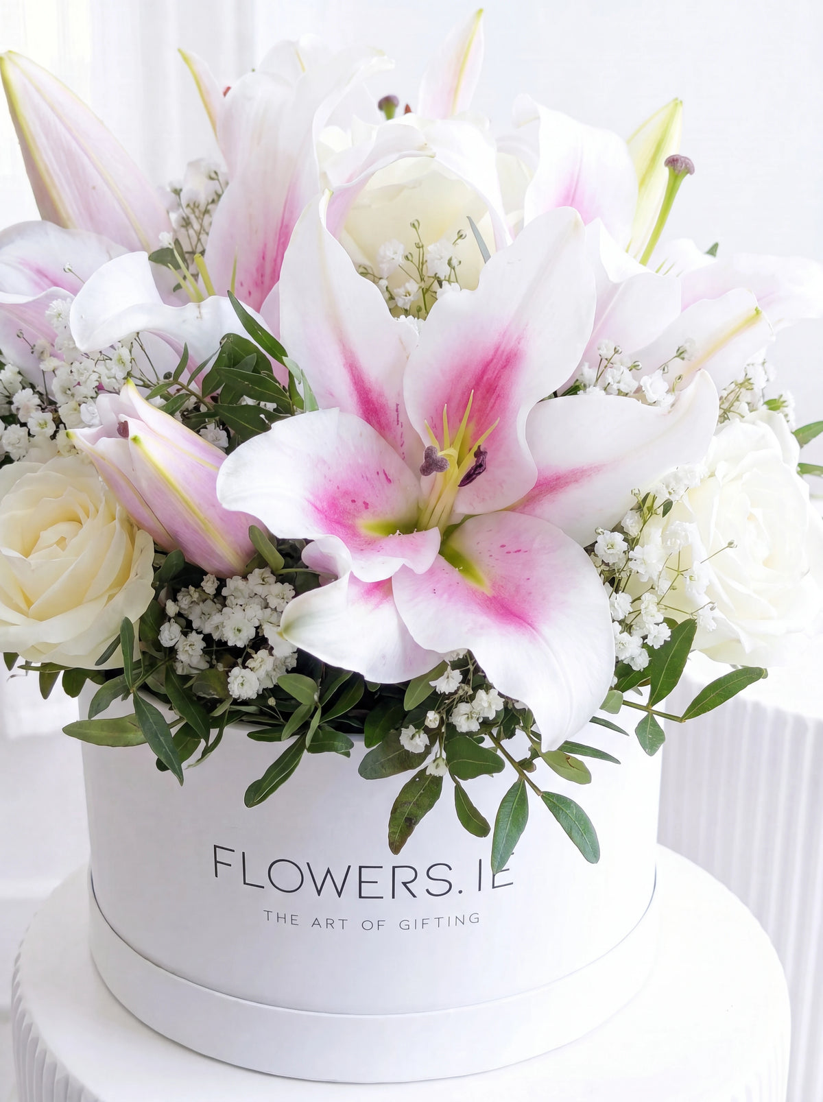 Sympathy White Roses and Pink Lily Hatbox