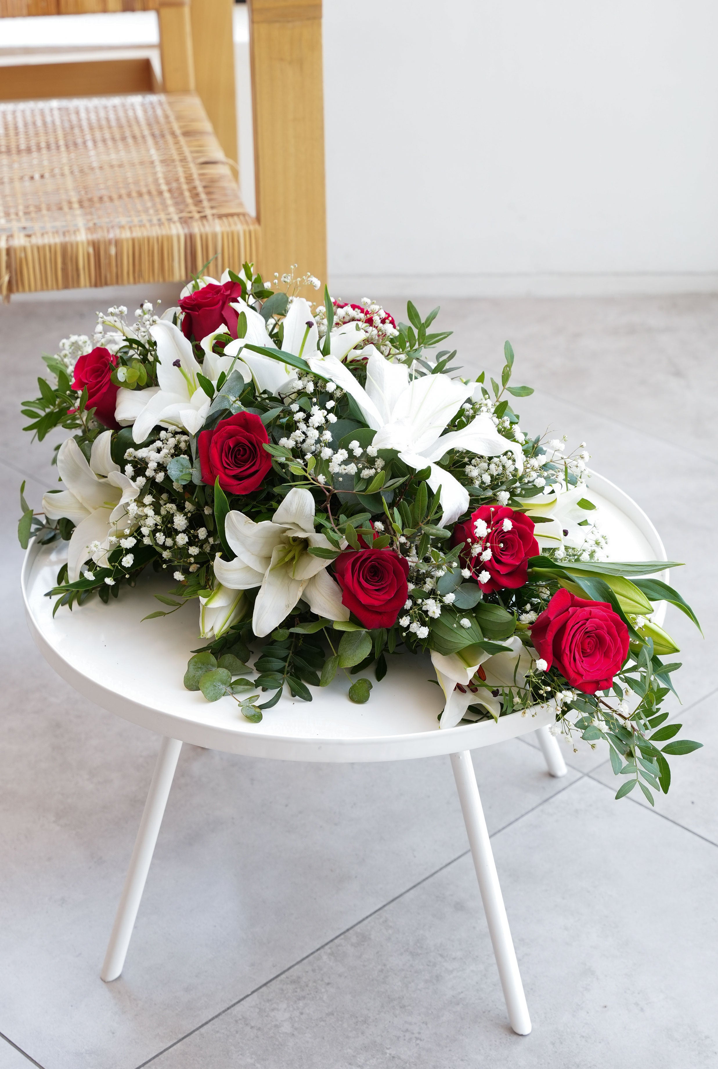 red rose and white lily casket spray Red Roses and White Lily Funeral Spray– Flowers.ie