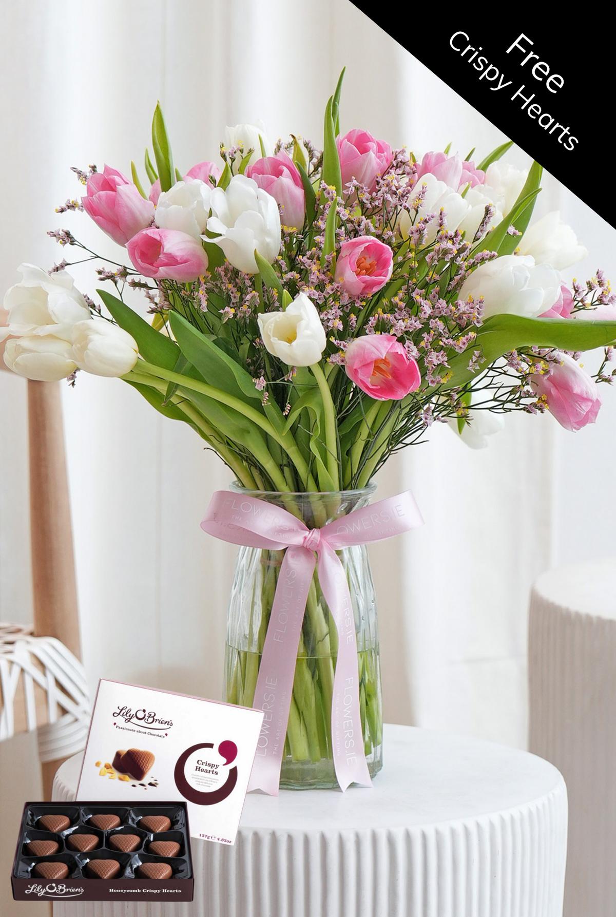 Luxury Pink and White Tulips - Vase (Free Crispy Hearts)