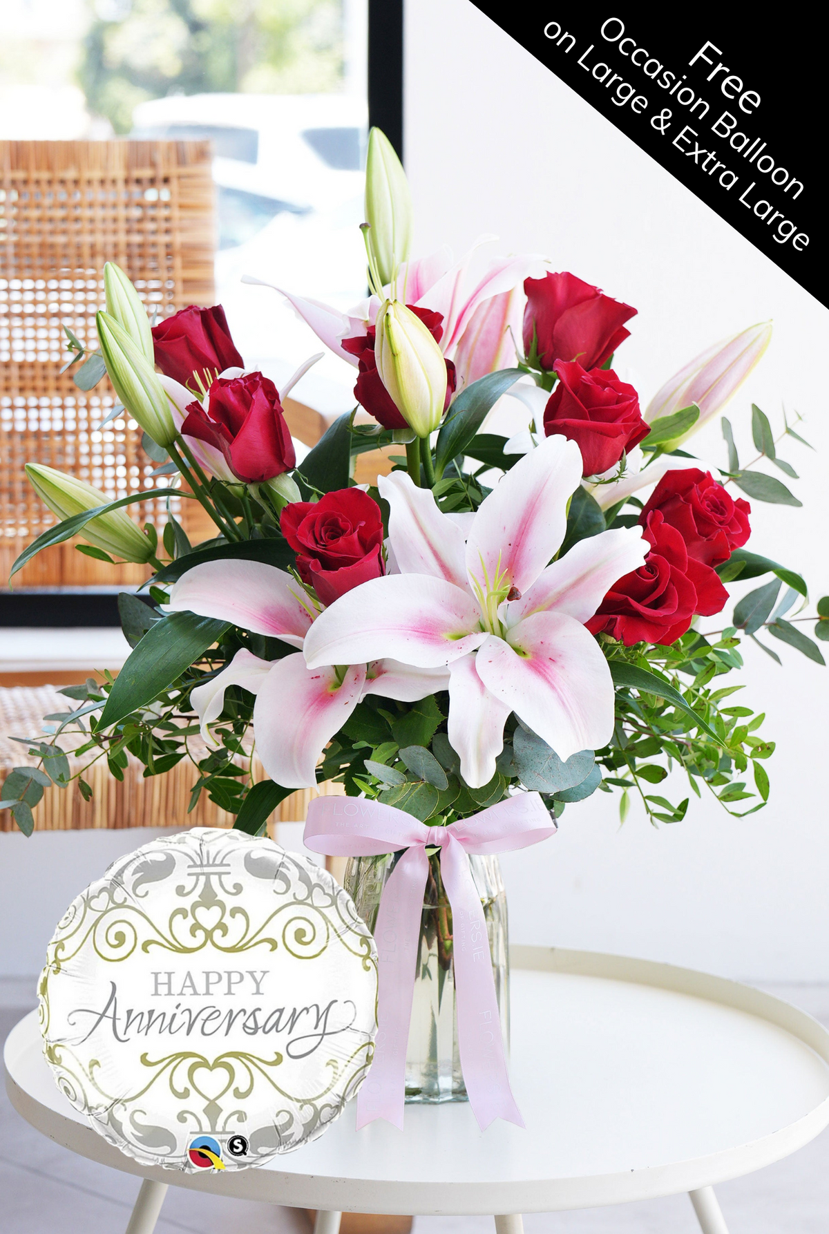 Anniversary Red Roses and Pink Lily - Vase