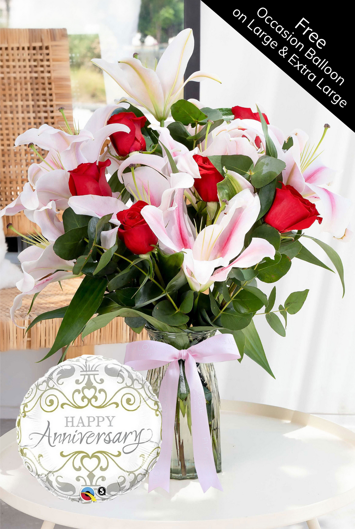 Anniversary Red Roses and Pink Lily - Vase