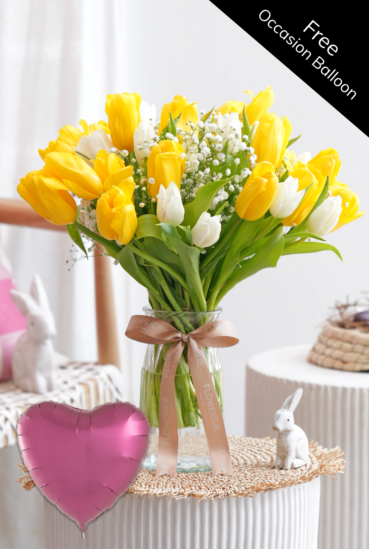 Luxury White &amp; Yellow Tulips - Vase (Complimentary Occasion Balloon)