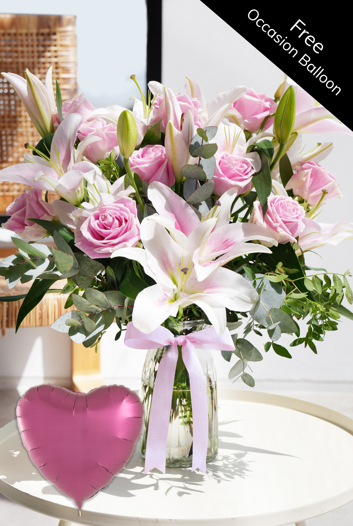 Pink Roses and Pink Lily - Vase (Complimentary Occasion Balloon)